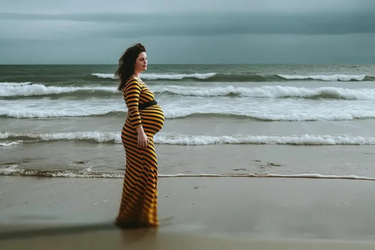 a pregnant women posing for photo on sea shore