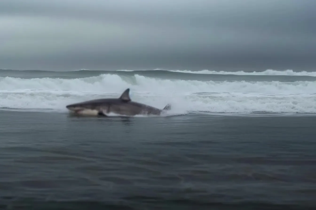 a great white shark struggling on sea shore