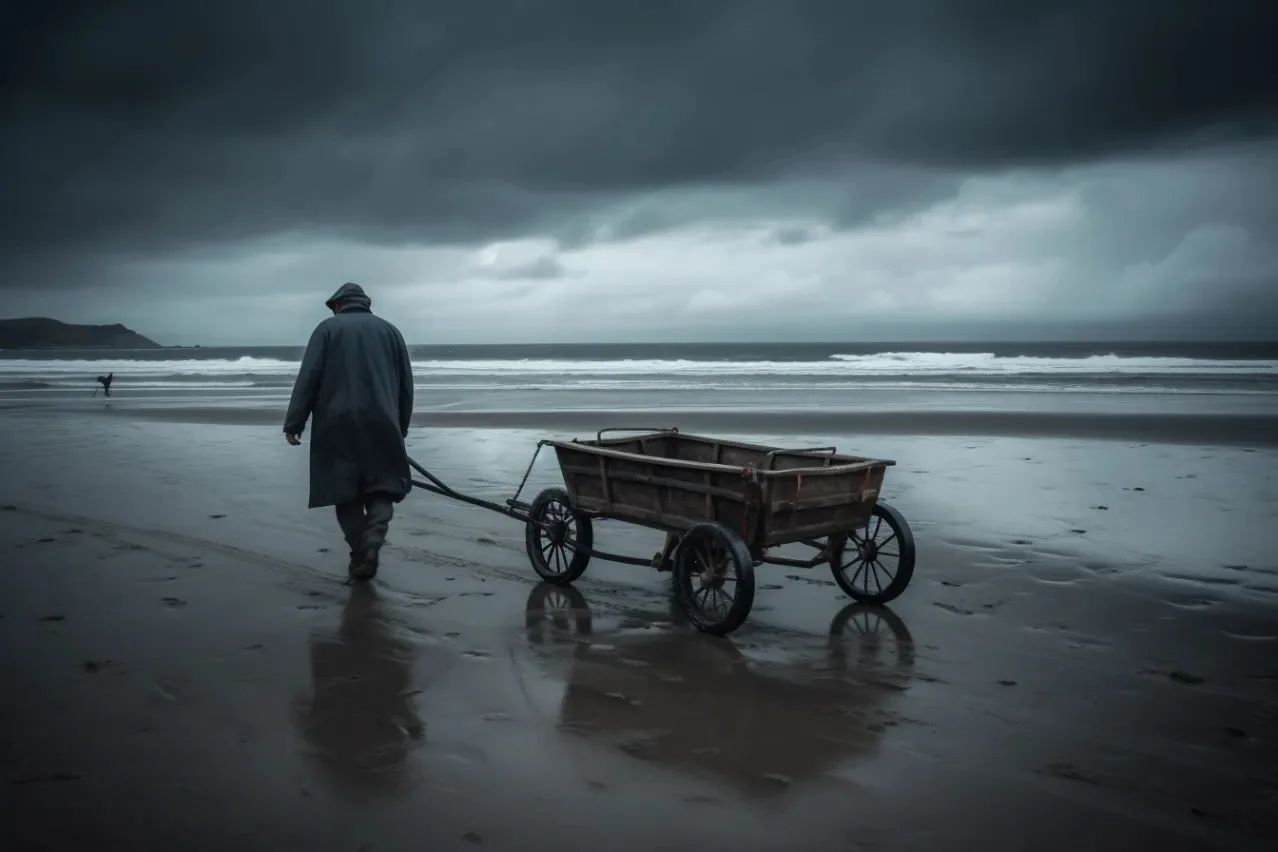 an old mane walking on sea shore with his hand cart