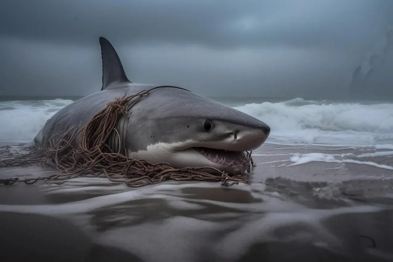  the great white shark entangled in some fishing nets