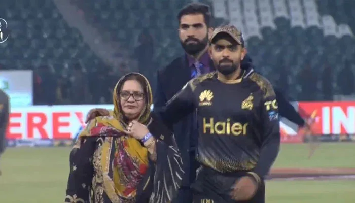 Babar Azam pictured with his mother after the PSL match between Peshawar Zalmi and Islamabad United in Lahore on February 26, 2024