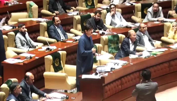 CM Murad Ali Shah tables the resolution to delcare late PPP founder ZA Bhutto 'National Democratic Hero' in Sindh Assembly on March 7, 2024, in this still taken from a video.